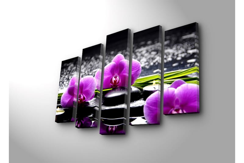 Stort lerretsbilde i 5 deler 105x70 cm - Lilla orkideer på svarte steiner med refleksjoner i vann - Lilla / Svart / Grønn - Interiør - Maleri & posters - Lerretsbilder