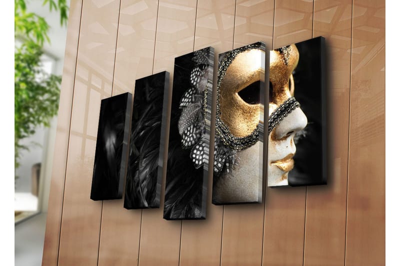 Stort lerretsbilde i 5 deler 105x70 cm - Maske med gulldetaljer og svart fjærdrakt - Gull / Svart - Interiør - Maleri & posters - Lerretsbilder