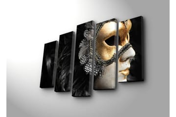 Stort lerretsbilde i 5 deler 105x70 cm - Maske med gulldetaljer og svart fjærdrakt - Gull / Svart - Interiør - Maleri & posters - Lerretsbilder