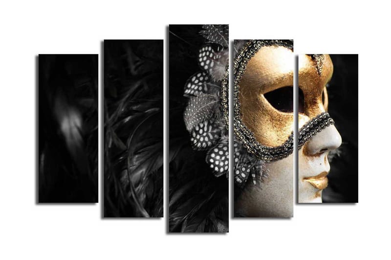 Stort lerretsbilde i 5 deler 105x70 cm - Maske med gulldetaljer og svart fjærdrakt - Gull / Svart - Interiør - Maleri & posters - Lerretsbilder
