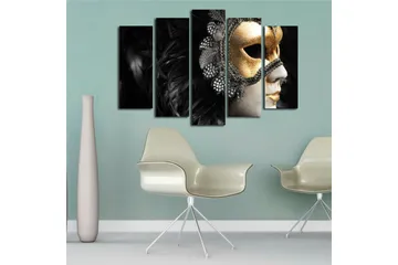 Stort lerretsbilde i 5 deler 105x70 cm - Maske med gulldetaljer og svart fjærdrakt - Gull / Svart - Interiør - Maleri & posters - Lerretsbilder