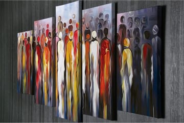 Stort lerretsbilde i 5 deler 105x70 cm - Menneskesilhuetter i en fargerik kolleksjon - Rød / Gul / Svart - Interiør - Maleri & posters - Lerretsbilder