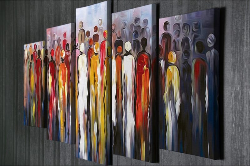 Stort lerretsbilde i 5 deler 105x70 cm - Menneskesilhuetter i en fargerik kolleksjon - Rød / Gul / Svart - Interiør - Maleri & posters - Lerretsbilder