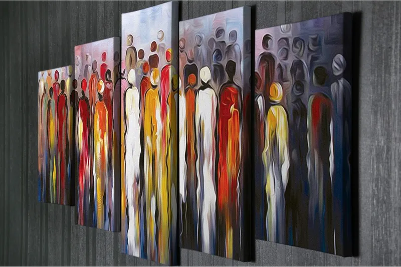 Stort lerretsbilde i 5 deler 105x70 cm - Menneskesilhuetter i en fargerik kolleksjon - Rød / Gul / Svart - Interiør - Maleri & posters - Lerretsbilder