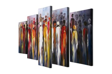 Stort lerretsbilde i 5 deler 105x70 cm - Menneskesilhuetter i en fargerik kolleksjon - Rød / Gul / Svart - Interiør - Maleri & posters - Lerretsbilder