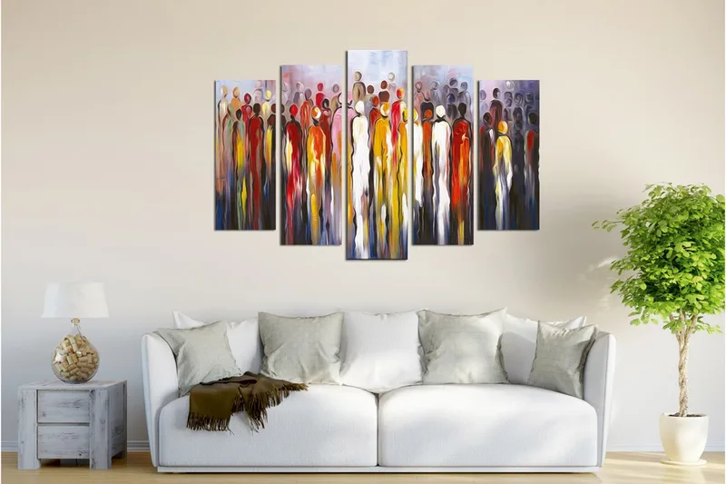 Stort lerretsbilde i 5 deler 105x70 cm - Menneskesilhuetter i en fargerik kolleksjon - Rød / Gul / Svart - Interiør - Maleri & posters - Lerretsbilder