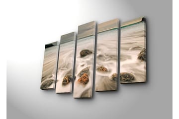 Stort lerretsbilde i 5 deler 105x70 cm - Mykt sjølandskap med steiner og bølger - Grå / Beige / Svart - Interiør - Maleri & posters - Lerretsbilder