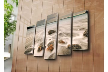 Stort lerretsbilde i 5 deler 105x70 cm - Mykt sjølandskap med steiner og bølger - Grå / Beige / Svart - Interiør - Maleri & posters - Lerretsbilder