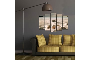 Stort lerretsbilde i 5 deler 105x70 cm - Mykt sjølandskap med steiner og bølger - Grå / Beige / Svart - Interiør - Maleri & posters - Lerretsbilder