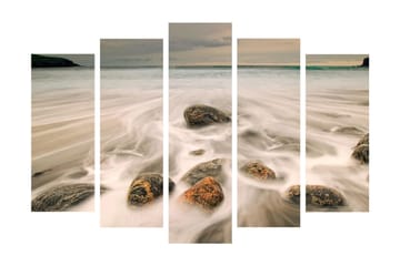 Stort lerretsbilde i 5 deler 105x70 cm - Mykt sjølandskap med steiner og bølger - Grå / Beige / Svart - Interiør - Maleri & posters - Lerretsbilder
