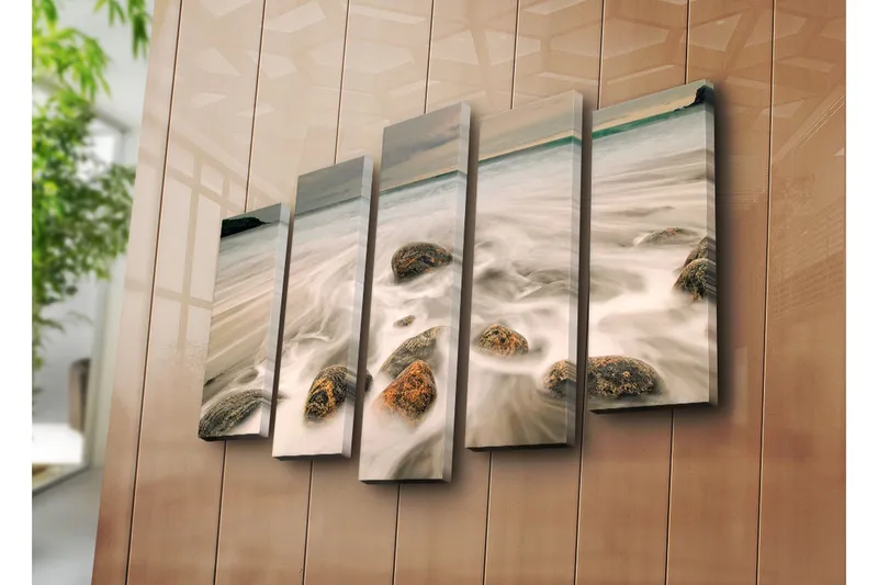 Stort lerretsbilde i 5 deler 105x70 cm - Mykt sjølandskap med steiner og bølger - Grå / Beige / Svart - Interiør - Maleri & posters - Lerretsbilder