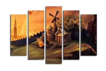 Stort lerretsbilde i 5 deler 105x70 cm - Mystisk landskap med en tårnbygning og en ildsopp i bakgrunnen - Oransje / Grønn / Brun - Interiør - Maleri & posters - Lerretsbilder