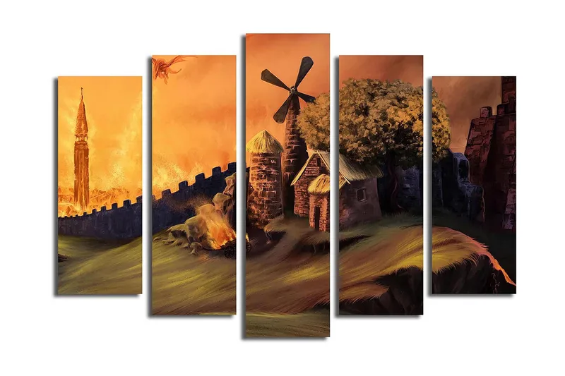 Stort lerretsbilde i 5 deler 105x70 cm - Mystisk landskap med en tårnbygning og en ildsopp i bakgrunnen - Oransje / Grønn / Brun - Interiør - Maleri & posters - Lerretsbilder