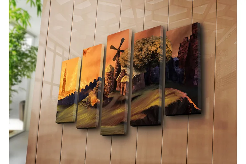 Stort lerretsbilde i 5 deler 105x70 cm - Mystisk landskap med en tårnbygning og en ildsopp i bakgrunnen - Oransje / Grønn / Brun - Interiør - Maleri & posters - Lerretsbilder