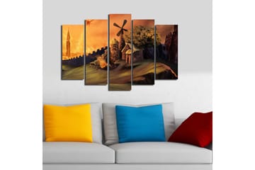 Stort lerretsbilde i 5 deler 105x70 cm - Mystisk landskap med en tårnbygning og en ildsopp i bakgrunnen - Oransje / Grønn / Brun - Interiør - Maleri & posters - Lerretsbilder