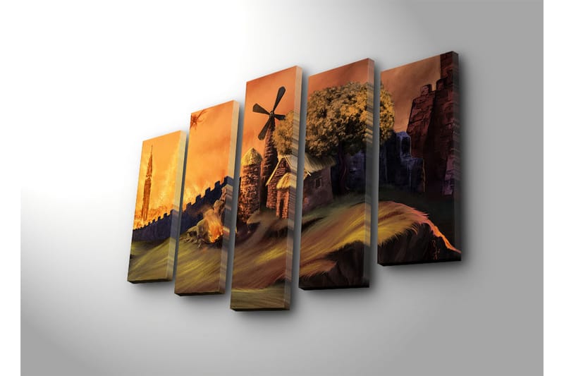 Stort lerretsbilde i 5 deler 105x70 cm - Mystisk landskap med en tårnbygning og en ildsopp i bakgrunnen - Oransje / Grønn / Brun - Interiør - Maleri & posters - Lerretsbilder