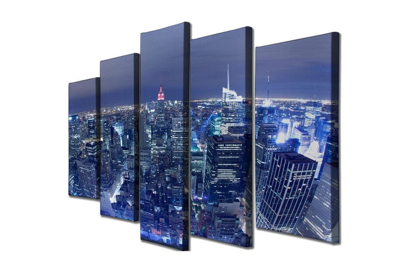 Stort lerretsbilde i 5 deler 105x70 cm - Nattlig bysilhuett med glitrende skyskrapere - Mørk blå / Lys blå / Rød - Interiør - Maleri & posters - Lerretsbilder