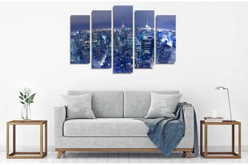 Stort lerretsbilde i 5 deler 105x70 cm - Nattlig bysilhuett med glitrende skyskrapere - Mørk blå / Lys blå / Rød - Interiør - Maleri & posters - Lerretsbilder
