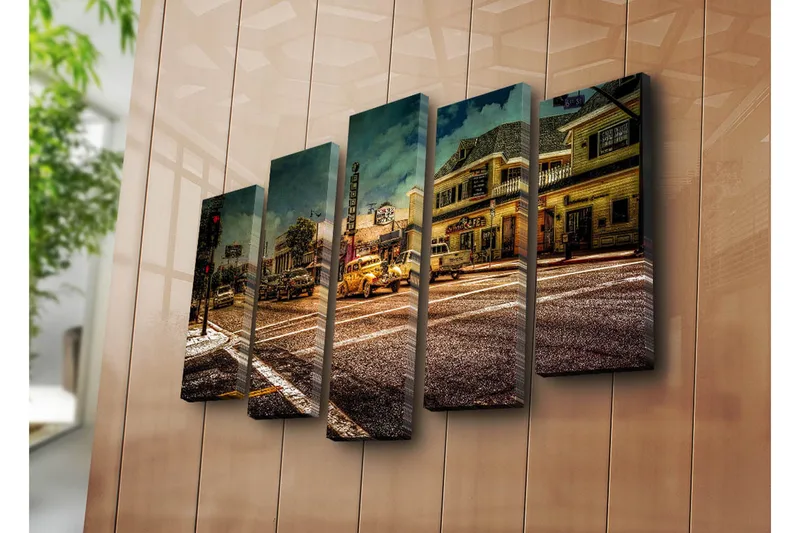 Stort lerretsbilde i 5 deler 105x70 cm - Nostalgisk bybilde med klassiske biler og livlig gatescene - Gul / Brun / Grå - Interiør - Maleri & posters - Lerretsbilder