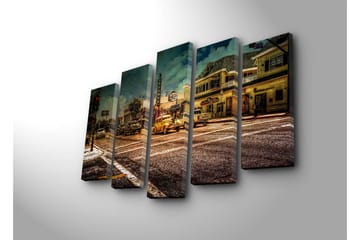 Stort lerretsbilde i 5 deler 105x70 cm - Nostalgisk bybilde med klassiske biler og livlig gatescene - Gul / Brun / Grå - Interiør - Maleri & posters - Lerretsbilder