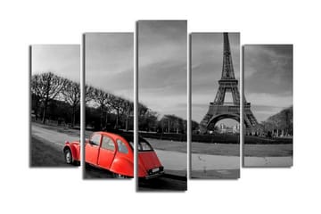 Stort lerretsbilde i 5 deler 105x70 cm - Rød bil foran Eiffeltårnet i et svart-hvitt bymiljø - Rød / Svart / Grå - Interiør - Maleri & posters - Lerretsbilder