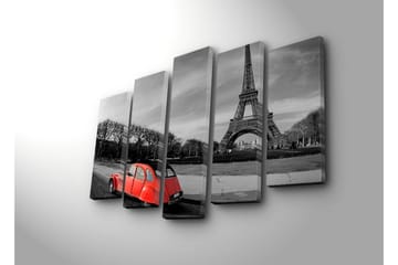 Stort lerretsbilde i 5 deler 105x70 cm - Rød bil foran Eiffeltårnet i et svart-hvitt bymiljø - Rød / Svart / Grå - Interiør - Maleri & posters - Lerretsbilder