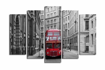 Stort lerretsbilde i 5 deler 105x70 cm - Rød dobbeltdekkerbuss på en grå bygate - Rød / Grå - Interiør - Maleri & posters - Lerretsbilder
