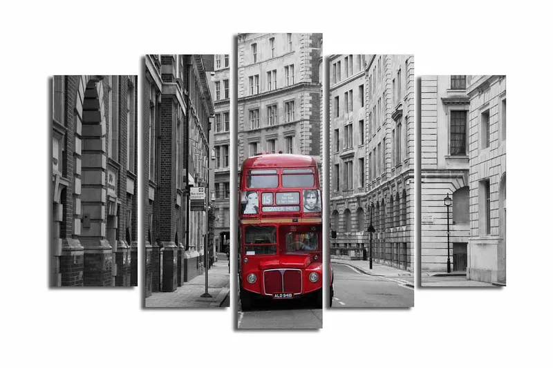 Stort lerretsbilde i 5 deler 105x70 cm - Rød dobbeltdekkerbuss på en grå bygate - Rød / Grå - Interiør - Maleri & posters - Lerretsbilder