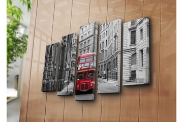 Stort lerretsbilde i 5 deler 105x70 cm - Rød dobbeltdekkerbuss på en grå bygate - Rød / Grå - Interiør - Maleri & posters - Lerretsbilder