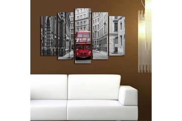 Stort lerretsbilde i 5 deler 105x70 cm - Rød dobbeltdekkerbuss på en grå bygate - Rød / Grå - Interiør - Maleri & posters - Lerretsbilder