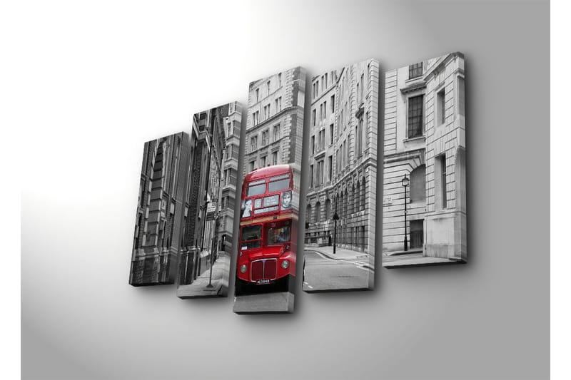 Stort lerretsbilde i 5 deler 105x70 cm - Rød dobbeltdekkerbuss på en grå bygate - Rød / Grå - Interiør - Maleri & posters - Lerretsbilder