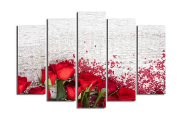 Stort lerretsbilde i 5 deler 105x70 cm - Røde roser med romantiske elementer - Rød / Grønn - Interiør - Maleri & posters - Lerretsbilder