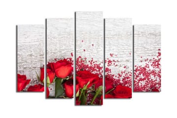 Stort lerretsbilde i 5 deler 105x70 cm - Røde roser med romantiske elementer - Rød / Grønn - Interiør - Maleri & posters - Lerretsbilder