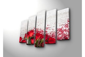 Stort lerretsbilde i 5 deler 105x70 cm - Røde roser med romantiske elementer - Rød / Grønn - Interiør - Maleri & posters - Lerretsbilder
