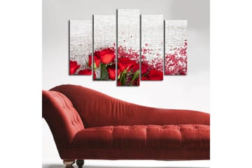 Stort lerretsbilde i 5 deler 105x70 cm - Røde roser med romantiske elementer - Rød / Grønn - Interiør - Maleri & posters - Lerretsbilder