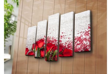 Stort lerretsbilde i 5 deler 105x70 cm - Røde roser med romantiske elementer - Rød / Grønn - Interiør - Maleri & posters - Lerretsbilder