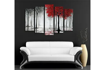 Stort lerretsbilde i 5 deler 105x70 cm - Rødskiftende trær i et tåkete skogsmiljø - Rød / Svart / Grå - Interiør - Maleri & posters - Lerretsbilder