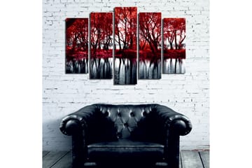 Stort lerretsbilde i 5 deler 105x70 cm - Rødskiftende trær ved en speilblank innsjø - Rød / Svart - Interiør - Maleri & posters - Lerretsbilder