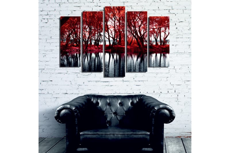 Stort lerretsbilde i 5 deler 105x70 cm - Rødskiftende trær ved en speilblank innsjø - Rød / Svart - Interiør - Maleri & posters - Lerretsbilder