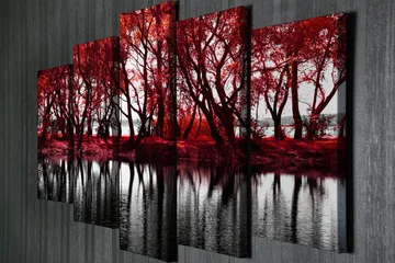 Stort lerretsbilde i 5 deler 105x70 cm - Rødskiftende trær ved en speilblank innsjø - Rød / Svart - Interiør - Maleri & posters - Lerretsbilder