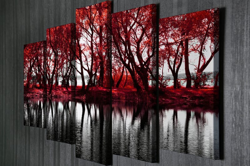 Stort lerretsbilde i 5 deler 105x70 cm - Rødskiftende trær ved en speilblank innsjø - Rød / Svart - Interiør - Maleri & posters - Lerretsbilder