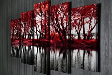 Stort lerretsbilde i 5 deler 105x70 cm - Rødskiftende trær ved en speilblank innsjø - Rød / Svart - Interiør - Maleri & posters - Lerretsbilder