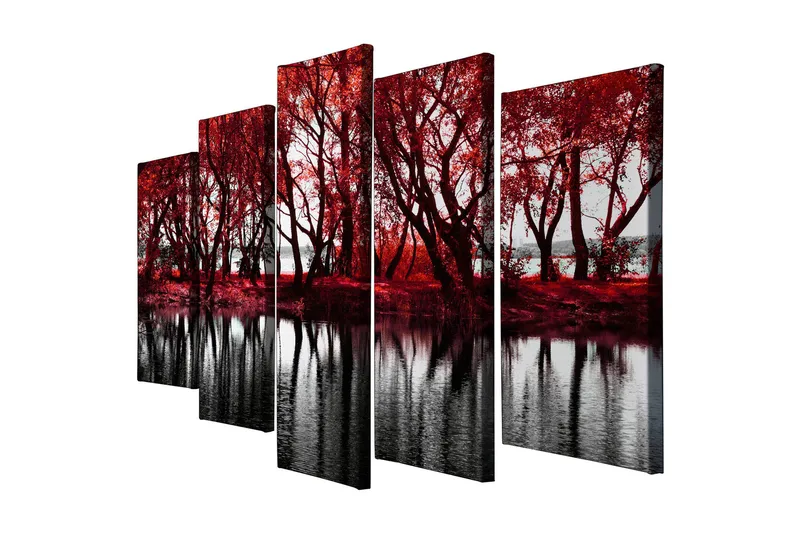 Stort lerretsbilde i 5 deler 105x70 cm - Rødskiftende trær ved en speilblank innsjø, Rød / Svart