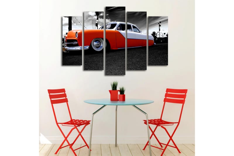 Stort lerretsbilde i 5 deler 105x70 cm - Retrobil med oransje og hvit lakk - Oransje / Hvit / Grå - Interiør - Maleri & posters - Lerretsbilder