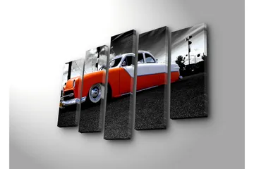 Stort lerretsbilde i 5 deler 105x70 cm - Retrobil med oransje og hvit lakk - Oransje / Hvit / Grå - Interiør - Maleri & posters - Lerretsbilder