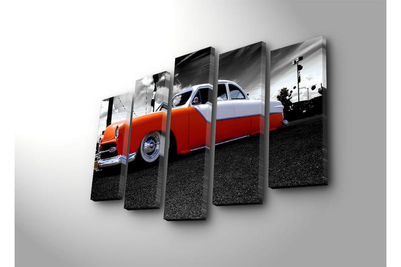Stort lerretsbilde i 5 deler 105x70 cm - Retrobil med oransje og hvit lakk - Oransje / Hvit / Grå - Interiør - Maleri & posters - Lerretsbilder