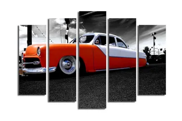 Stort lerretsbilde i 5 deler 105x70 cm - Retrobil med oransje og hvit lakk - Oransje / Hvit / Grå - Interiør - Maleri & posters - Lerretsbilder