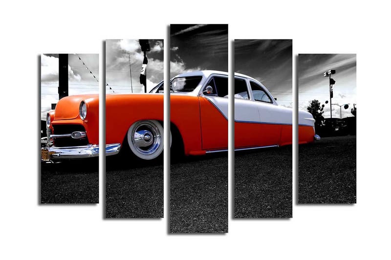 Stort lerretsbilde i 5 deler 105x70 cm - Retrobil med oransje og hvit lakk - Oransje / Hvit / Grå - Interiør - Maleri & posters - Lerretsbilder