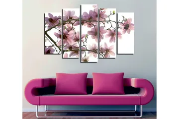 Stort lerretsbilde i 5 deler 105x70 cm - Rosa magnoliablomster på grener - Rosa / Grønn / Brun - Interiør - Maleri & posters - Lerretsbilder