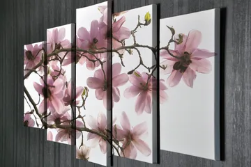 Stort lerretsbilde i 5 deler 105x70 cm - Rosa magnoliablomster på grener - Rosa / Grønn / Brun - Interiør - Maleri & posters - Lerretsbilder